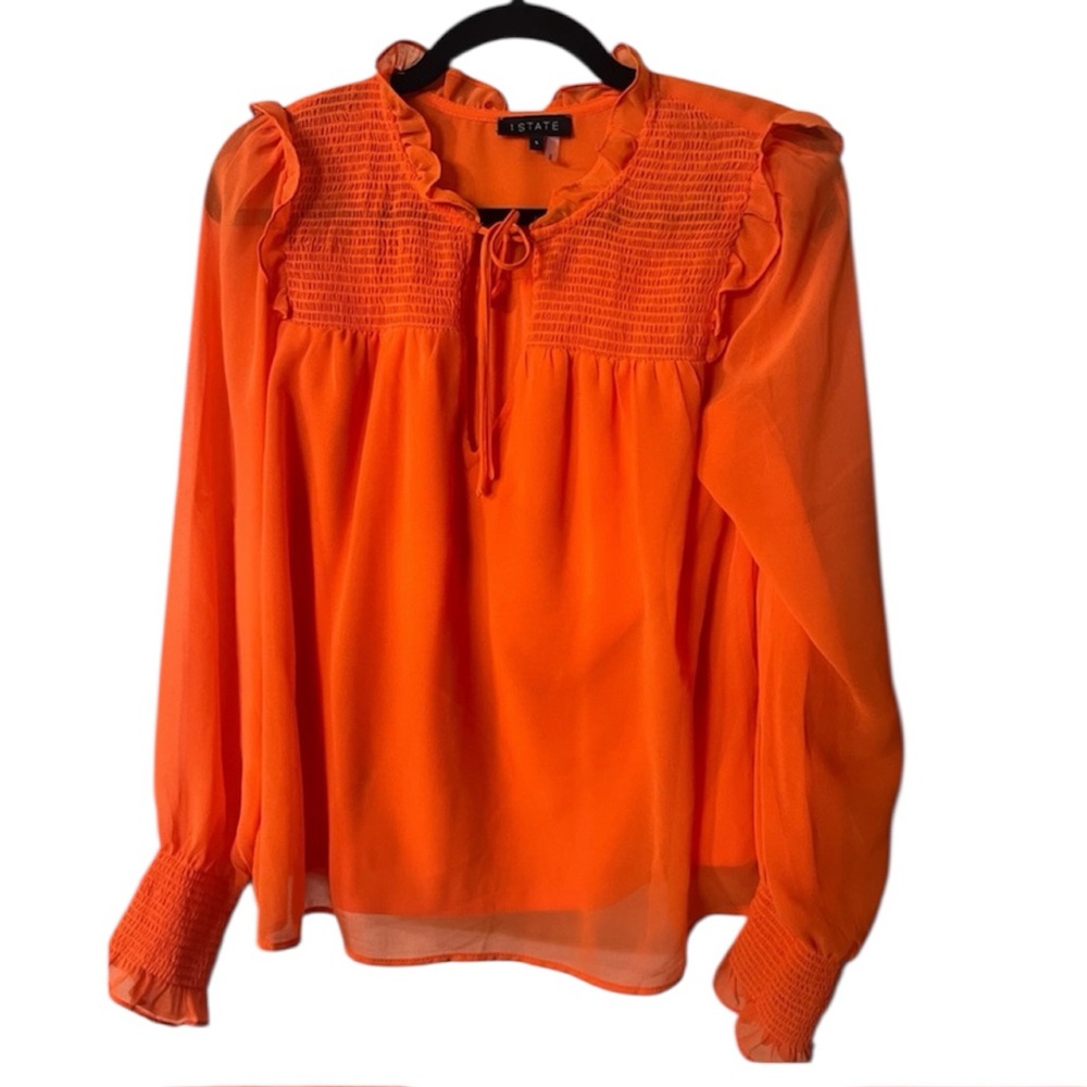 1. State Orange Puff Sleeve tie long sleeve blouse small